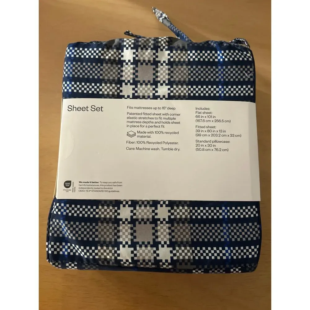 New Twin/Twin XL Microfiber Sheet Set Plaid White Navy Gray- Room Essentials